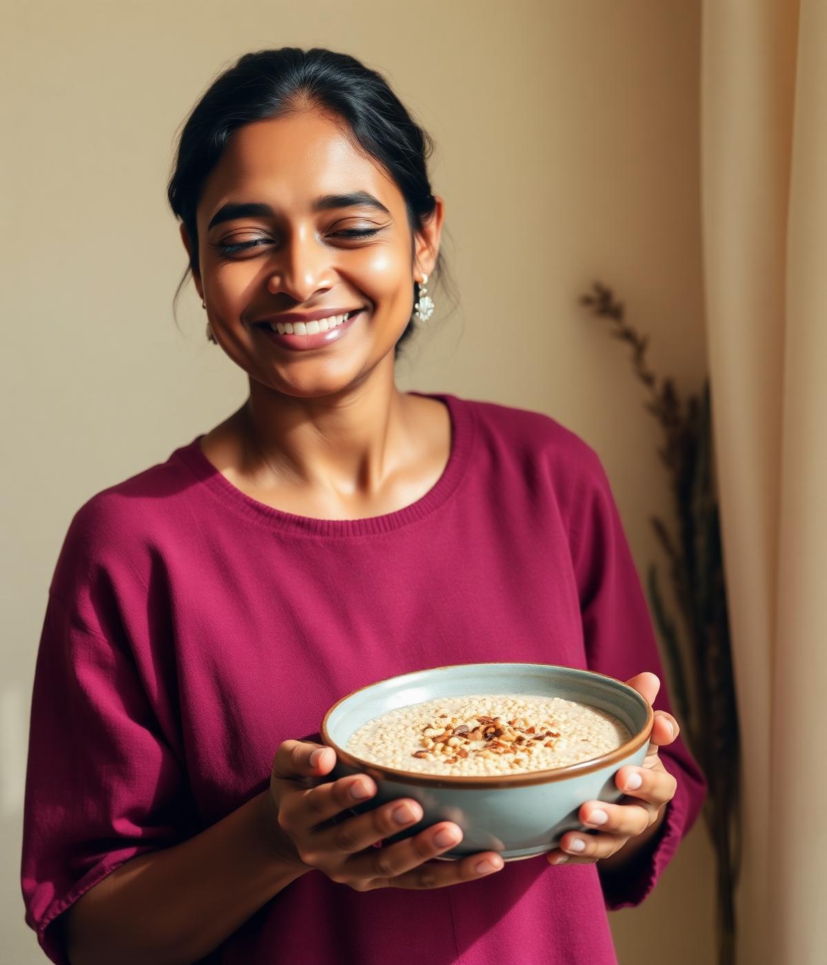 Founder with a bowl of millet porridge