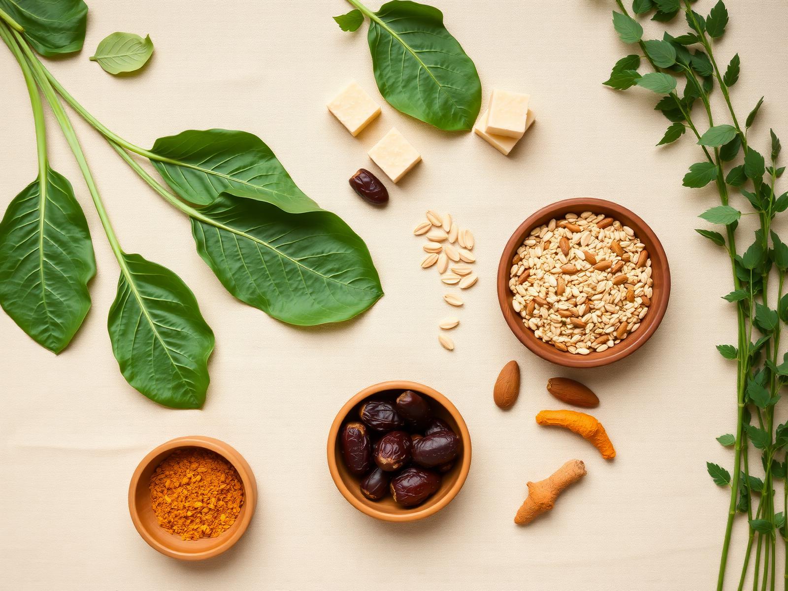 Fresh Indian foods including spinach, millets, jaggery, dates and turmeric arranged on cream linen